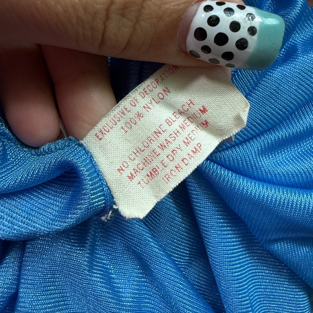 Vintage Spotlight Co Blue Nylon High Slit Nightgown Smocked Lace Trim USA Large - Picture 5 of 6
